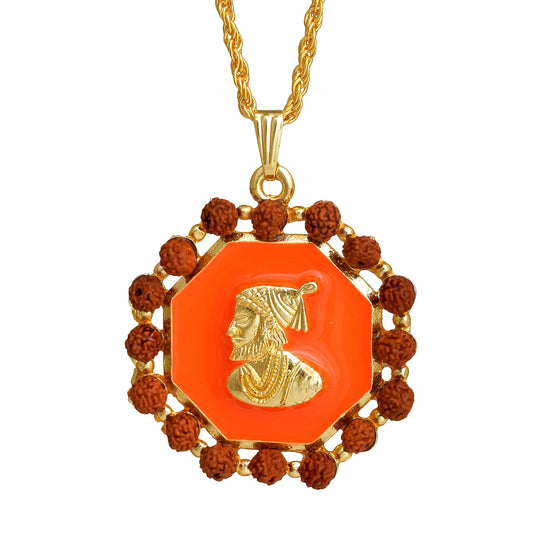 Gold plated Brass, Rudraksh Octagon Geometrical shape, Orange Enamel, Shivaji Pendant