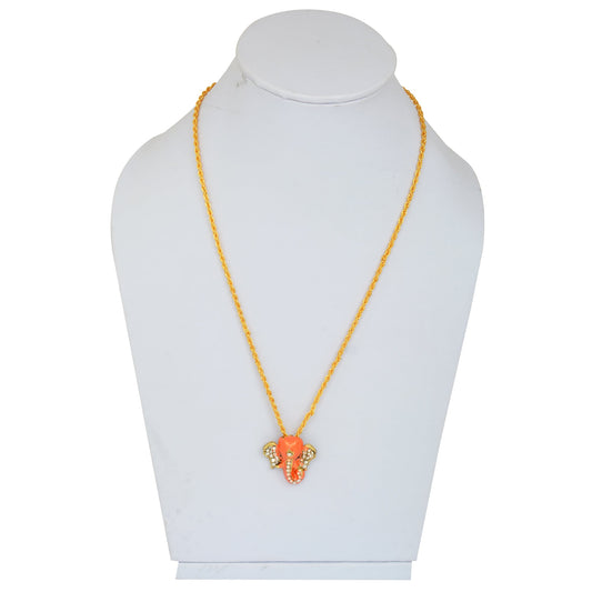 Gold plated Brass, Gerua (Deep Orange) colour Ganesh, Ganpati head, CZ studded pendant