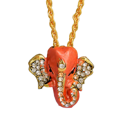 Gold plated Brass, Gerua (Deep Orange) colour Ganesh, Ganpati head, CZ studded pendant