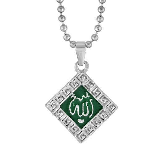 Silver plated, Kite shaped, Green Enamel, Allah Word, Islamic, Muslim chain pendant