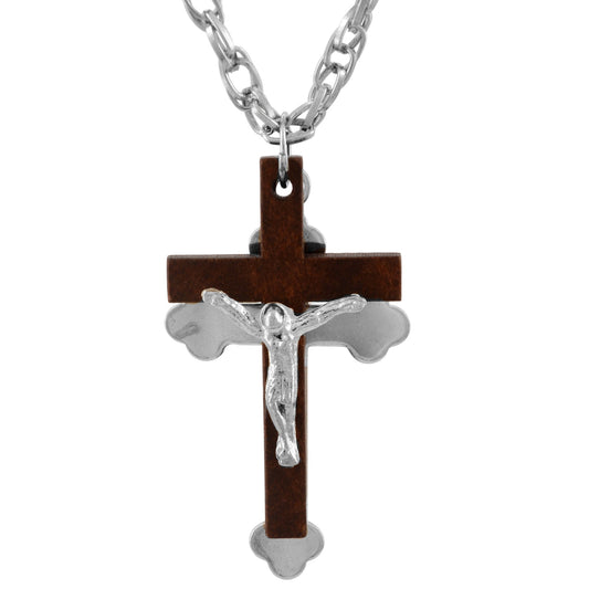 Stainless steel and wood Cross Cruciifix christ chain pendant