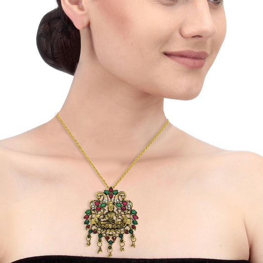 Antique Gold finish Meenakari CZ Lakshmi chain necklace pendant for Women (PCKL7628)