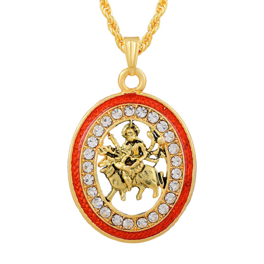 Brass Goldplated Red Meenakari Cubic Zirconia Maa Sherawali Durga Pendant