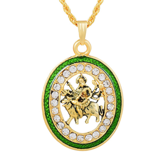 Brass Goldplated Green Meenakari Cubic Zirconia Maa Sherawali Durga Pendant