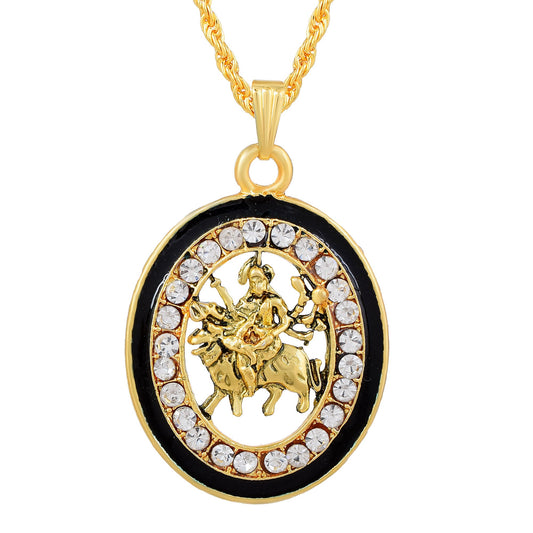 Brass Goldplated Black Meenakari Cubic Zirconia Maa Sherawali Durga Pendant