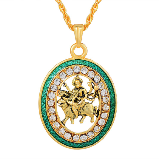 Brass Goldplated Firoza Meenakari Cubic Zirconia Maa Sherawali Durga Pendant