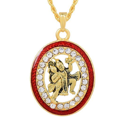 Brass Goldplated Red Meenakari Cubic Zirconia BajrangBali Hanuman Pendant