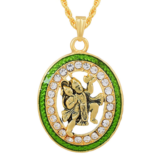 Brass Goldplated Green Meenakari Cubic Zirconia BajrangBali Hanuman Pendant