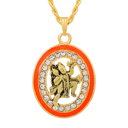 Brass Goldplated Saffron Gerua Meenakari Cubic Zirconia BajrangBali Hanuman Pendant