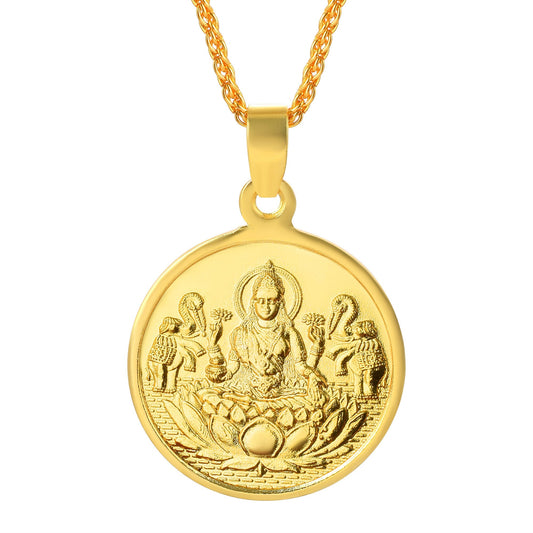 Micron Gold Lakshmi and Lakshmi Yantra reversible coin shape Pendant (PCOM4480)