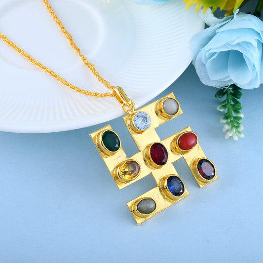 🕉️ Navratna Swastika Pendant in Gold – Divine Harmony & Cosmic Protection (STRR3502)
