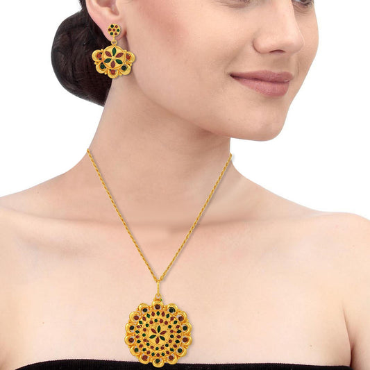 Gold plated Bikaner Meenakari Round pendant Set women