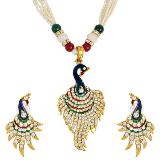 Gold plated Kundan and Meenakari AD studded full bloom vibrant Peacock locket chain Pendant & Earring Set