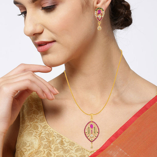 Goldplated Ruby Emerald studded Pendant set for Women (PCJK2996)