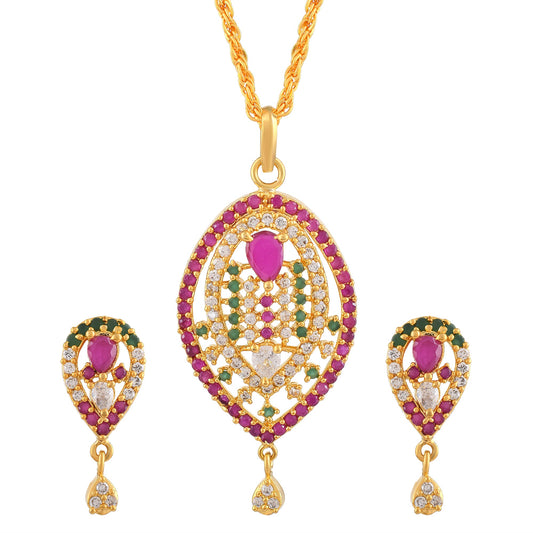 Goldplated Ruby Emerald studded Pendant set for Women (PCJK2996)