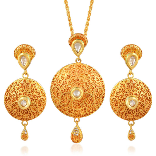 Brass Micron Goldplated Handmade Rasrawa Kundan Pendant Set Women (PSJK2997)