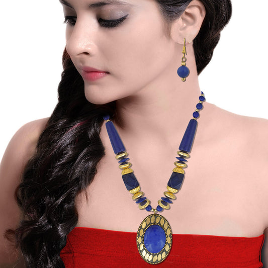 Gold plated Brass, Round shape, Lapis semi precious stone, Fashion necklace set