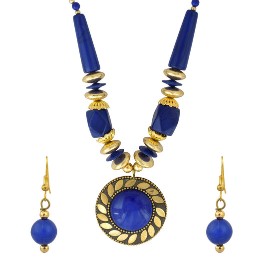 Gold plated Brass, Round shape, Lapis semi precious stone, Fashion necklace set