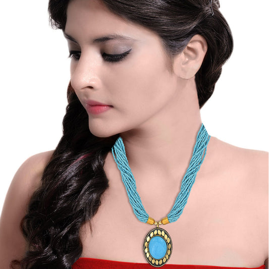 Gold plated Brass, Turquoise/Firoza Big Oval & Multi-strand necklace Women