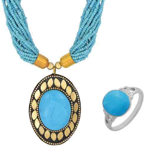 Gold plated Brass, Turquoise/Firoza Big Oval & Multi-strand necklace Women