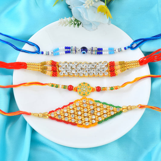 Handmade designer CZ & Evil Eye Rakhi set combo (Pack of 4) RKSC0077