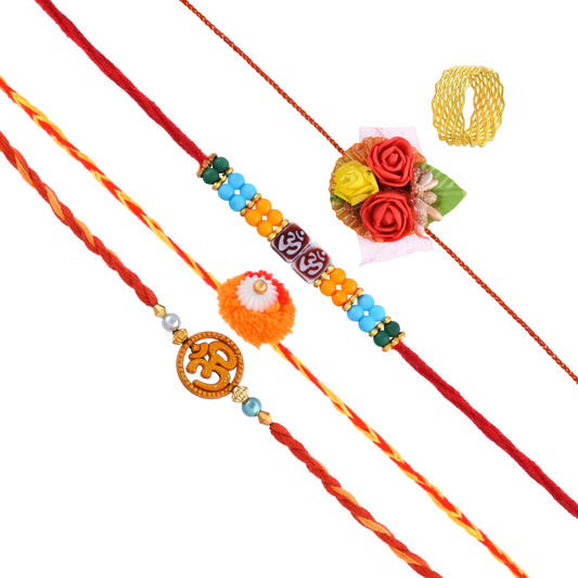 Set of 4 Rakhi combo with Giftable Goldplated Challa finger ring for Bhai Bhabhi for Rakshabandhan