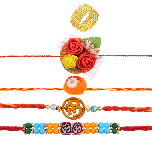 Set of 4 Rakhi combo with Giftable Goldplated Challa finger ring for Bhai Bhabhi for Rakshabandhan