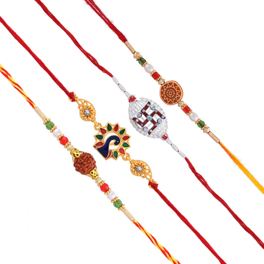 Fabric and Beads Pack of 4 Type Rakhi Combo for Bhaiya Bhabi Rakshabandhan Festivals