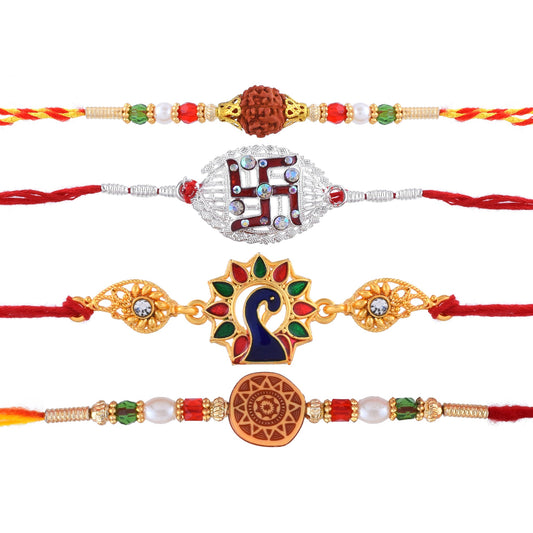 Fabric and Beads Pack of 4 Type Rakhi Combo for Bhaiya Bhabi Rakshabandhan Festivals