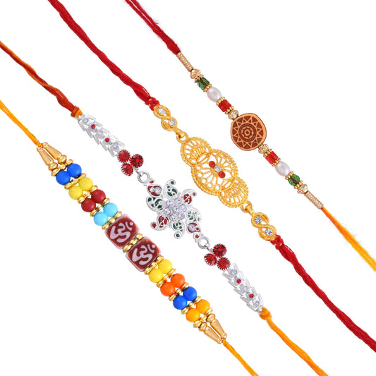 Silver and Fabric, Beads Pack of 4 Type Rakhi Combo for Bhaiya Bhabhi Bhai Rakshabandhan hamper Festivals