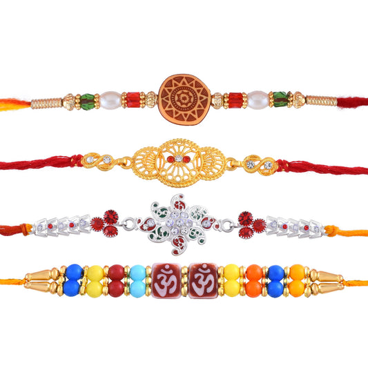 Silver and Fabric, Beads Pack of 4 Type Rakhi Combo for Bhaiya Bhabhi Bhai Rakshabandhan hamper Festivals