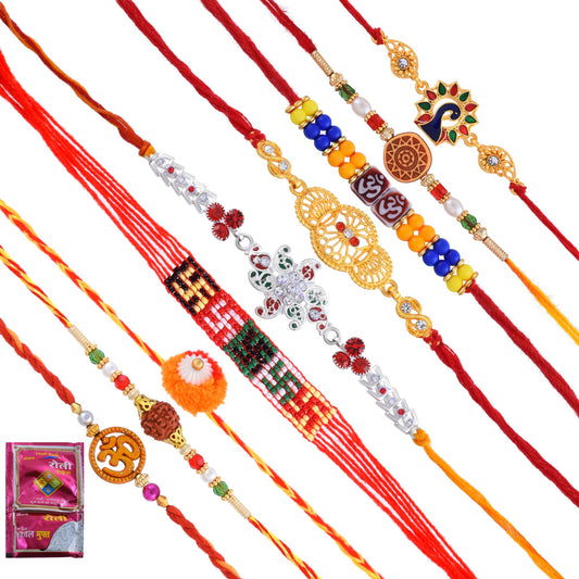 Goldplated Silver Fabric Beads 9 Rakhi family combo Rakshabandhan Bhaiya Bhabhi Festive Hamper