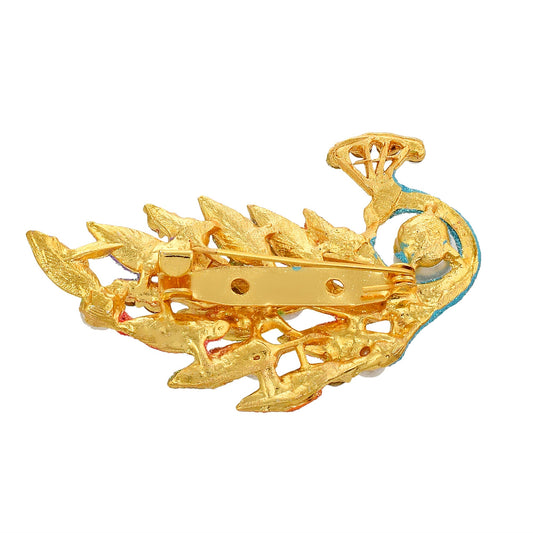 Brass Goldplated Pearl and CZ Zari Finish Peacock design Fashion Sareepin Dupatta pin Brooch