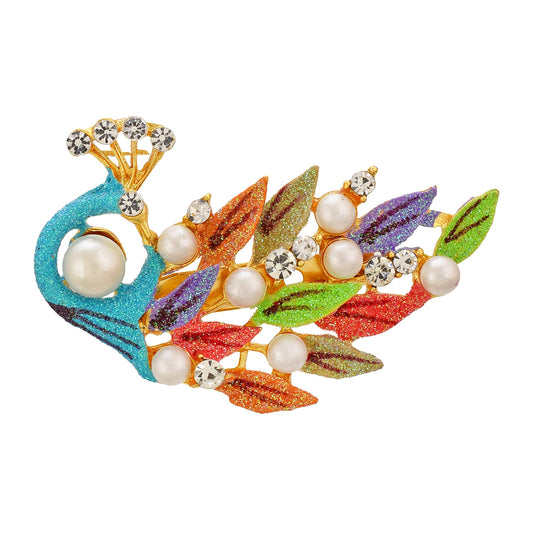 Brass Goldplated Pearl and CZ Zari Finish Peacock design Fashion Sareepin Dupatta pin Brooch