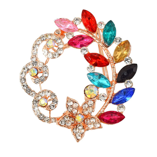 Brass Pink Rose Goldplated Mutlicoloured Cubic Zirconia Fashion Sareepin / Brooch