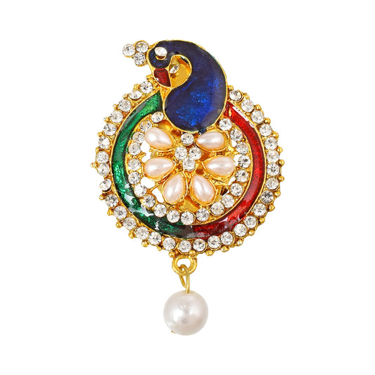 Brass Goldplated CZ & Pearls Meenakari Peacock design Fashion Sareepin Dupatta pin Brooch