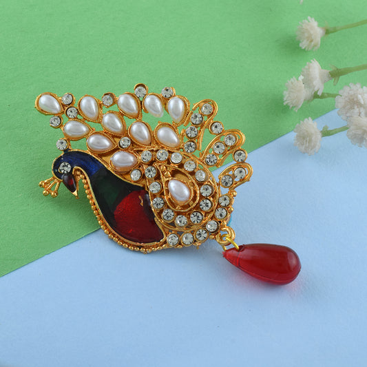 Brass Gold plated Pearls and Meenakari Peacock design Saree Pin Brooch (SPDM3787)