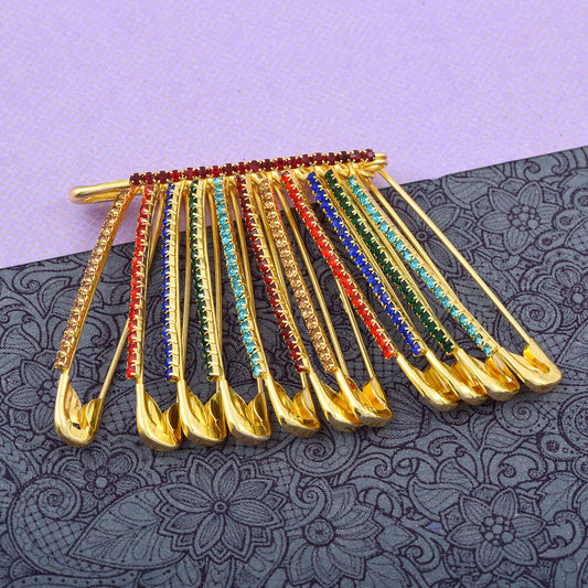 Brass Gold Plated Multicolor Stones Saree Pins Dupatta Safety Pin Brooch