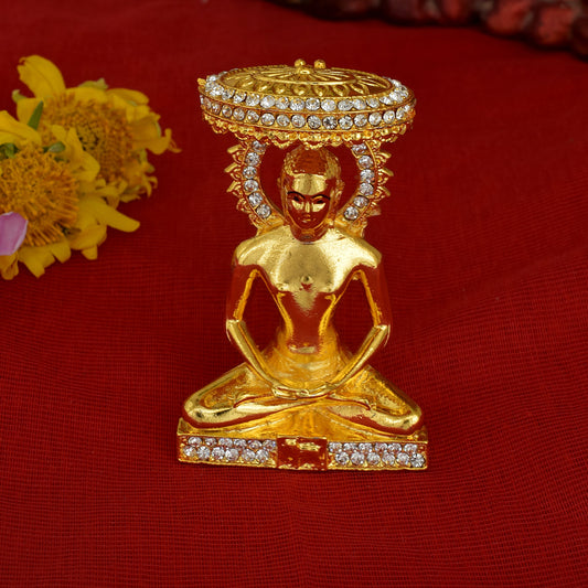 Gold Plated, CZ Studded, Lord Bhagwan Mahaveer Heavy Stand Idol