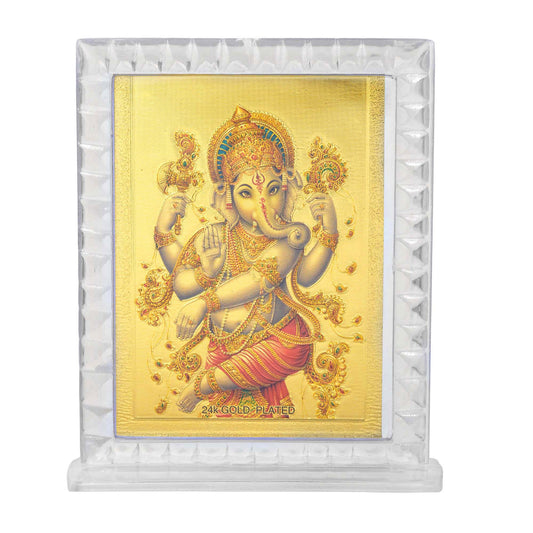 Gold Plated Brass Card, Ganesh Photo Frame Stand, Hindu God Idol