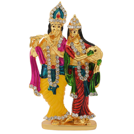 Gold Plated Brass, Cubic Zircon, and Colourful Enamel, Radha Krishna Idol Stand