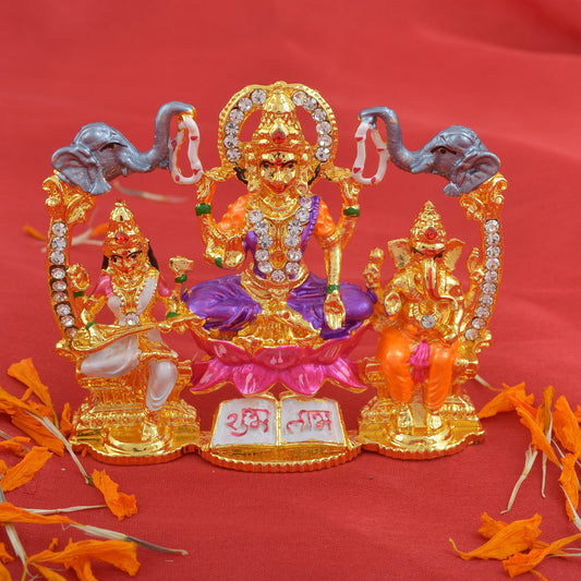 Gold Plated Brass, Colourful Saraswati, Lakshmi, Ganesh Stand (STKL7593)