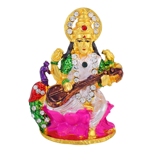 Brass Colourful Maa Saraswati Murti Hindu Idol Home Decor