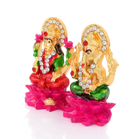 Brass Goldplated CZ Diamond Lakshmi-Ganesh Idol Stand (STKL7798)