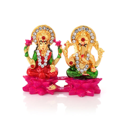 Brass Goldplated CZ Diamond Lakshmi-Ganesh Idol Stand (STKL7798)