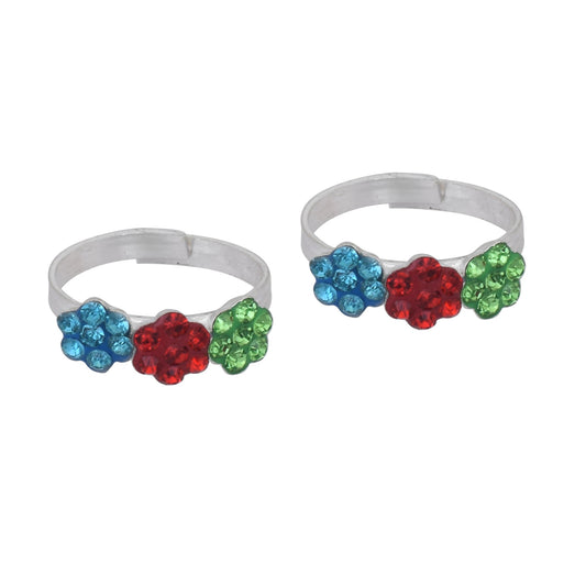 Silver plated Blue, Green, Red CZ studded, flower shaped adjsuatble size Bichiya