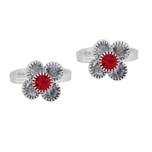 Silver plated, Flower design, Red CZ studded, Adjustable size, Bichiya Toering(TRRM6263)