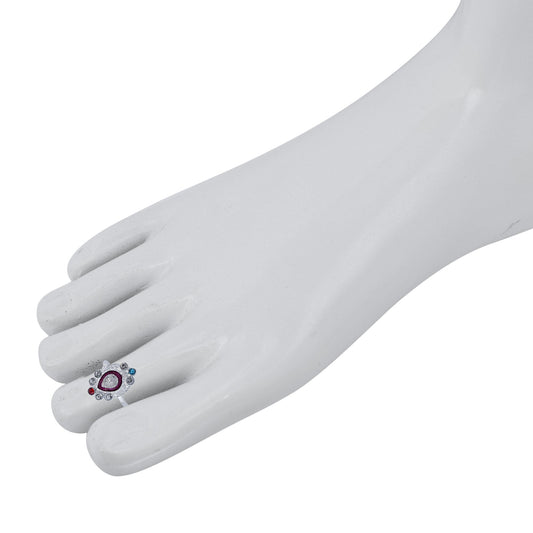 Silver plated, Red Meenakari CZ, Pear shaped, Adjustable bichiya toe ring