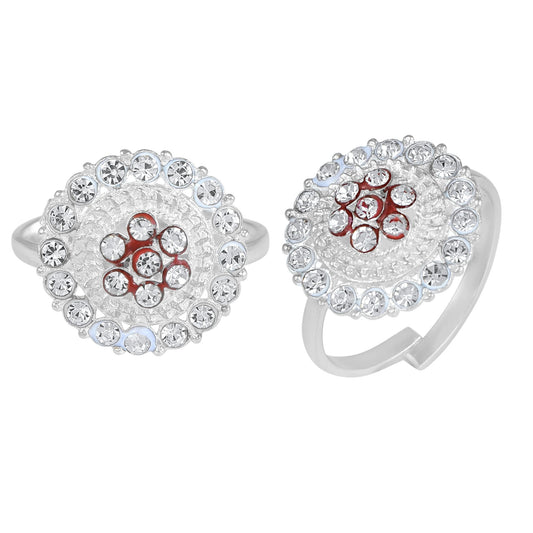 Silverplated Red Meena White CZ Round Freesize Toering