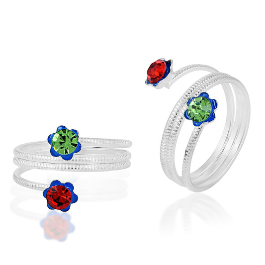 Silverplated Red & Green CZ Bichiya Fashion Toerings Women